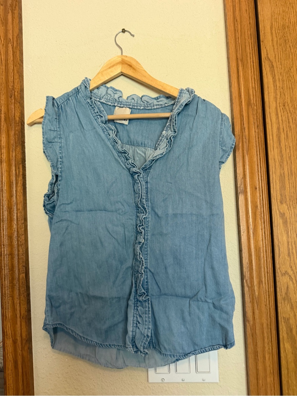 Light Blue Ruffle-Trim Sleeveless Chambray Blouse